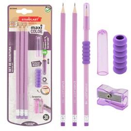 Starplast Set of 3 Purple Pencils with HB Rubber, Non-Slip Pencil Sharpener and Protective Cap – Body 19 cm, Hexagonal Shape, School, Office, Office