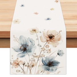 Bonhause Watercolor Floral Table Runner 13x72 Inch Blue Brown Flowers Seasonal Summer Spring Kitchen Dinning Table Decoration for Indoor Outdoor Home Party Decor