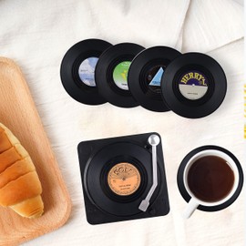 Wolfteeth Set of 6 Retro Vinyl Coasters with Table Stand, Retro Vinyl Record CD Round Drink Mat for Cold Ice Coffee Hot Drinks, 10X10X0.1cm/Black 500201