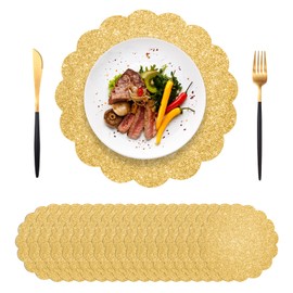 SMUAENSS 50 PCS Gold Glitter Paper Placemats, Paper Placemats Disposable, 13.5" Scalloped Sparkling Placemat, for Birthday Wedding Holiday Party Home Dining Tableware