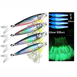 Feianoto Long Casting Slow Pitch Jig Lure Fishing UV Glow Jigs Metal Spoons 3D Print Falling Angler Metal Hard Bait Sinking Jigging Pesca Bait with Glow Hooks 30g 40g 60g 80g 100g (4 pcs, 3.530z/100g)