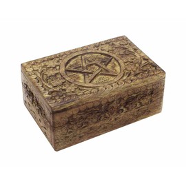 Wooden Carved Pentagram Box With Floral Design Top 6X4 Inch