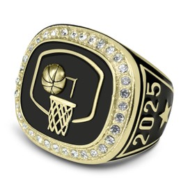 Express Medals 2025 Champion Basketball Trophy Ring in Size 9 with Award Display Stand Trophies Rings League Finalist Runner up, Metal, Cubic Zirconia