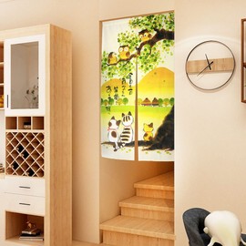 LIGICKY Japanese Style Noren Long Doorway Curtain Door Tapestry for Home Decoration 33.5 x 59 inch (Owls & Cats & Mountain)