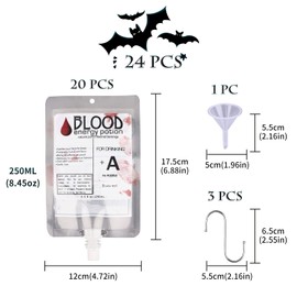 20 Pcs Halloween Blood Bag for Drinks + 2 Funnels +3 S Hooks, Novelty Item Bag Container 250ml Blood Bags Vampire Diaries Extra Fast Filling Halloween Party Favors Gadget (No Drink Included)
