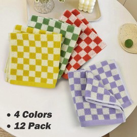 Soft Washcloths 12 Pack - Checkered Terry Wash Cloth (13"x13") in 4 Colors, Multi-Purpose Bathroom, Showering, Face Towels