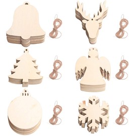 Christmas Hanging Decoration 60 PCS 6 Styles Wooden Christmas Hanging Shaped Pendants Bauble Deer Snowflake for DIY Wood Crafts Christmas Decoration, Christmas Tree Ornaments with Strings