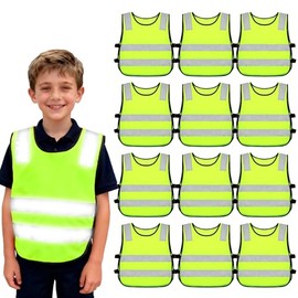 PORFOYO Pack of 12 High Visibility Vests for Car, High Visibility Vest, Children, Safety Vest, 40 x 45 cm, Reflective Vest for Children, for Sports, Running, Bike, School, Car, Boys, Girls (Green)
