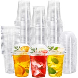 Okllen 100 Pack 12 oz Clear Plastic Cups with Dome Lids and Hole, Disposable Drinking Cups Milkshake Cups for Iced Coffee, Cold Drinks, Smoothie, Milkshake, Party