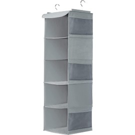 BrilliantJo Hanging Storage with 5 Shelves Wardrobe Closet Organiser, Storage Shelves Unit with 6 Pockets for Clothes - Grey(30 x 30 x 108cm)