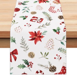 Bonhause Christmas Red Flowers Pine Branch Table Runner, 13x72 Inch Seasonal Poinsettia Snowballs Socks Xmas Holiday Table Runner for Party Home Kitchen Décor