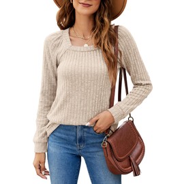 SimpleFun Womens Sweaters Fall 2023 Trendy Square Neck Ribbed Knit Ladies Puff Sleeve Tops (Cream,L)