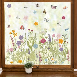 Wildflower Window Decals Garden Flower Butterfly Wall Decals Peel and Stick Spring Florals Art Vinyl Decals for Glass Window Bouquets Green Leaves Wall Stickers for Kids Baby Bedroom Living Room Decor