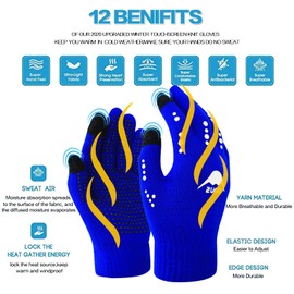 FINGER TEN Kids Running Gloves Winter Cycling Warm Knitted Thermal, Touchscreen Glove Non-Slip for Work Driving Ridding Sport Outdoor (Blue, Age 5-12)