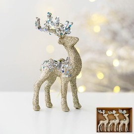 Fassory 3 Pcs Reindeer Christmas Decorations, Glittering Champagne Reindeer Christmas Ornaments, Christmas Tree Decorations Reindeer Christmas Table Decoration (Glittering Champagne)