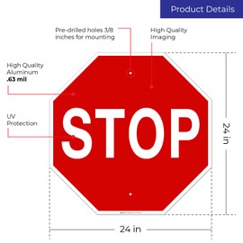 Stop Sign, Street Stop Sign, 24x24 Inches, Rust Free .040 Aluminum, Fade Resistant, Easy Mounting, Indoor/Outdoor Use, Made in USA