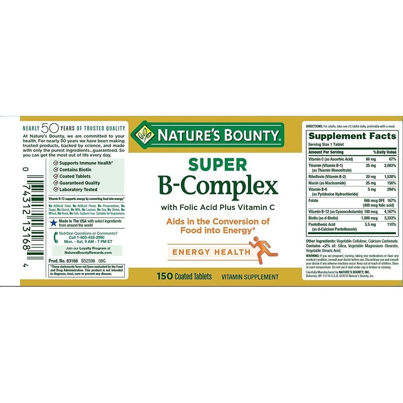 Nature's Bounty Super B Complex Vitamin Supplement Energy Health Support