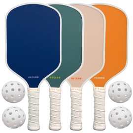 Recess Pickleball Starter Set, Premium Pickleball Paddles Set of 4 & Four (4) Pickle Balls - Strong & Durable Fiberglass, Lightweight, Honeycomb Core & Comfort Grip Handles - Perfect for Beginners