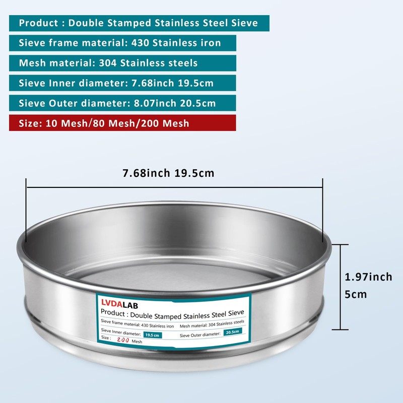 3 Pack 304 Stainless Steel Mesh Lab Sieves, 200mesh 0.075mm,