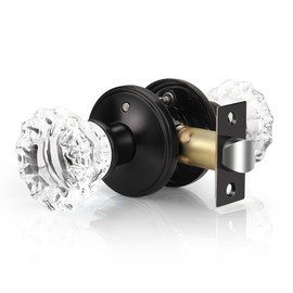 KNOBWELL 2 Pack Privacy Crystal Door Knobs Interior, Keyless Bedroom/Bathroom Glass Door Knobs with Lock Indoor, Modern Matte Black Glass Door Lock