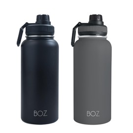 BOZ Stainless Steel Water Bottles 2 Pack Bundle - Grey Water Bottle + Black Water Bottle - Vaccum Insulated Water Bottles 32 Oz - Wide Mouth BPA Free Sport Water Bottles for Gym with Spout Lid