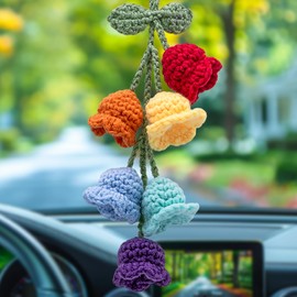 MEAJOO Car Mirror Hanging Accessories, Rear View Mirror Accessories Hanging Decor, Cute Bellflower Hand Knitted Car Pendant Suitable for Key Chains, as Gifts for Women(1 PCS/6 Flowers, Colorful)
