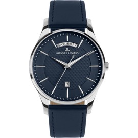 JACQUES LEMANS London Men's Watch Leather Blue 1-2193C, silver, Minimalist