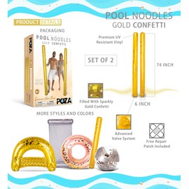 POZA 2 Pack Inflatable Jumbo Pool Noodles Floats - Premium Luxurious 74 Inch Giant Water Floating Noodles Filled with Sparkle Confetti, Pool Float for Swimming Pool, Beach & Lake