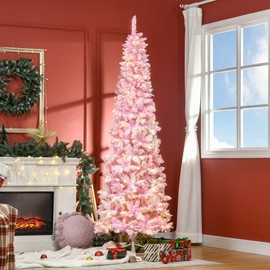 HOMCOM 7.5ft Prelit Snow Flocked Artificial Christmas Tree with Pencil Shape, Pine Realistic Branches, Warm White LED Lights, Auto Open, Pink and White