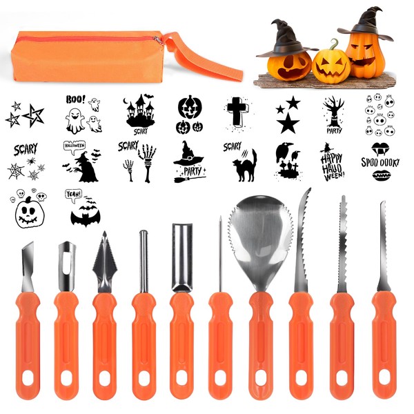 lalago 10 Pcs Pumpkin Carving Kit with 18 Stencils, Halloween