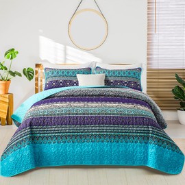 WONGS BEDDING Boho Quilt Twin Size, 2 Pieces Purple Blue Bohemian Lightweight Microfiber Bed Decor Bedspread for All Season 68"x86"