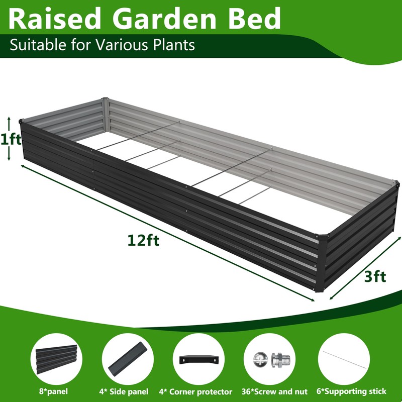 2PCS 12x3x1ft Galvanized Raised Garden Bed,Outdoor Planter Box Metal Patio