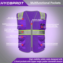 HYCOPROT High Visibility Mesh Reflective Safety Vests with Pockets and Zipper, Meets ANSI/ISEA Standards (Purple, Small)