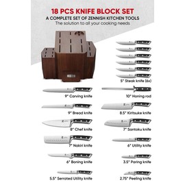 Zennish Kitchen Knife Set With Block, 18 Piece Knife Sets For Kitchen, Razor-Sharp High Carbon German Steel Chef Knife Sets With Wood Block, Suitable For Family With Gift Box - Onyx Series