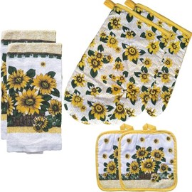 PXIYOU Oven Mitts and Pot Holders 6pcs Set, Yellow Sunflower Dish Towels Gloves-Oven Mitts Sunflower Dish Cloths Linen Set Heat Resistant BBQ Gloves for Kitchen Baking Cooking Grilling Microwave