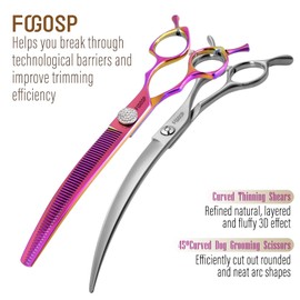 FOGOSP 45°Curved Dog Grooming Scissors Curved Thinning Shears 2PCS Combo(RoseRed)
