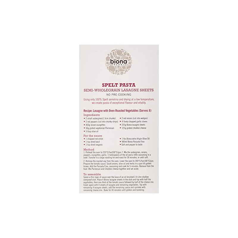 BIONA Organic Spelt Lasagne, 250 GR