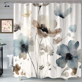 Sanzugh Boho Floral Shower Curtain, Cream Tan Beige Blue Grey White Watercolor Flower Fabric Shower Curtains Set for Bathroom Decoration with Hooks 72 X 72 inch Cute Farmhouse Bath Decor