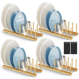 Mukylar Bamboo Dish Drying Rack for Kitchen Organizer-Sturdy Plate Rack Organizer with Natural Bamboo, Dish Rack Holds Plates, Cups & Cutting Boards-Dish Drying Rack for Countertop & Cabinets（4 Pack）