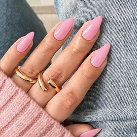 SXVME Pink Press On Nails Almond - Acrylic Press On Nails Medium Stiletto, Opaque Solid Baby Pink Fake Nails with Glue, Fit Perfectly, Reusable Soft Gel Stick on Nails for Women, 24 Pcs