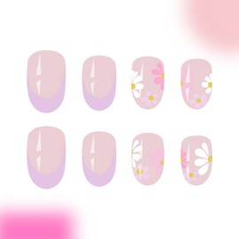 Flower Press on Nails Short Almond Fake Nail False Nails Press ons with Designs French Tip Glossy Floral Full Cover Acrylic Glue on Nails Artificial Stick on Nails for Women Spring Manicure 24Pcs