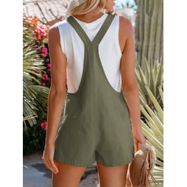 Aoudery Women's Summer Casual Sleeveless Rompers Loose Spaghetti Strap Cotton Shorts Overalls Jumpsuit with Pockets - Army Green XS