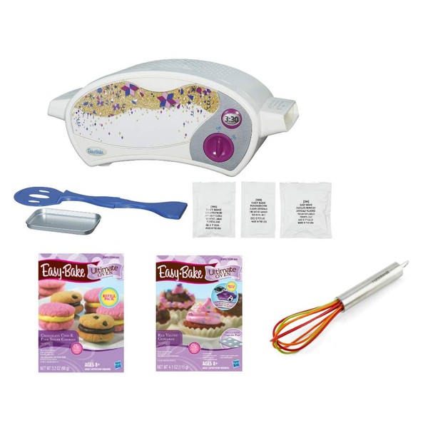 Easy Bake Oven Star Edition + Red Velvet Cupcakes Refill, Chocolate Chip Cookies Refill and Farberware Wire Whisk. Set of 4 Items