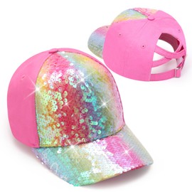 Girls Glitter Baseball Cap Criss Cross Hat with Messy High Ponytail and Bun (Ages 5-15)