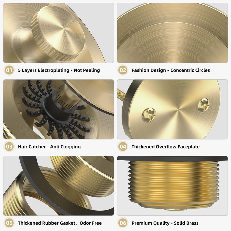 Sogmeter Brushed Gold Bathtub Drain, Hair Catcher and 2-Hole Overflow