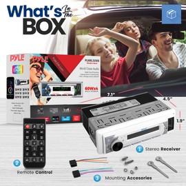 PyleUsa Bluetooth Stereo Headunit Receiver - in-Dash Single DIN Head Unit Receiver Power Amplifier System w/Hands-Free Calling, LCD, AM/FM Radio, MP3/USB/AUX - Vehicle Car Bus Truck RV (White)