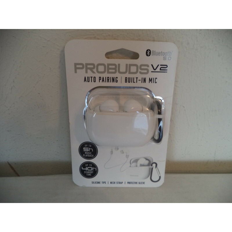 ProBuds V2 Auto Pairing. Built-In Mic Earbuds. White Color.