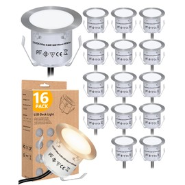 HIBOITEC Recessed LED Deck Light Kits(16Pack), 12V Low Voltage Landscape Lighting IP67 Waterproof Outdoor Step Stair Lights Warm White Deck Lighting for Garden Yard Steps Stair Patio Floor Decoration