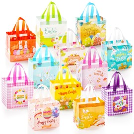 Koncci 12PCS Easter Bags with Handles, Reusable Non-Woven Easter Gift Bags for Kids, for Gifts Wrapping Goodie Treat Egg Hunt Candy Party Supplies