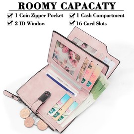 GOUNNU Small Women's PU Leather Mini Purse Women's Small and Short Format Purse Women's Many Compartments Purse Women's with 16 Card Slots and Zip Coin Compartment, pink, Retro
